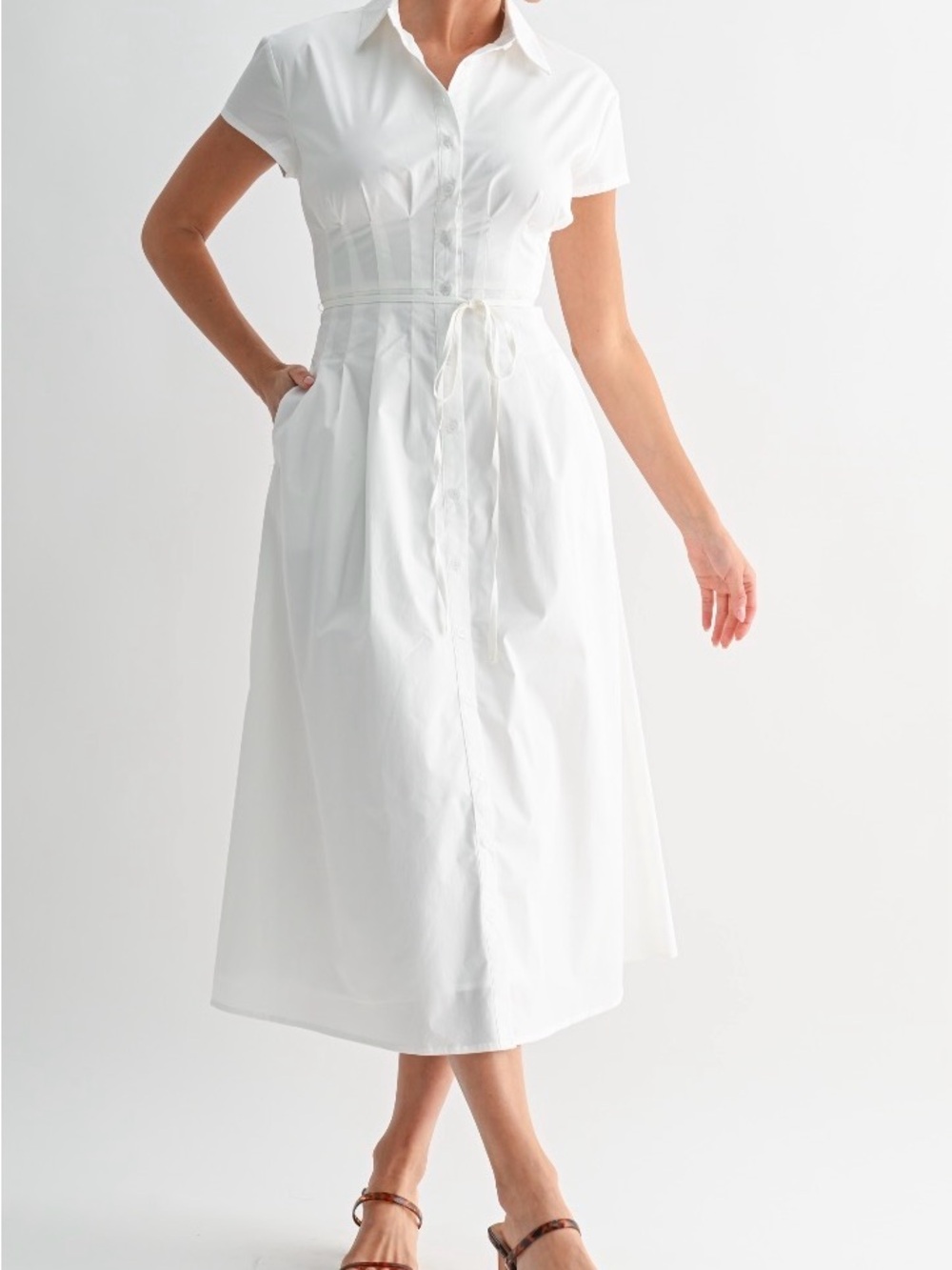 Crisp White Button-Front Midi Shirt Dress with Tie Waist